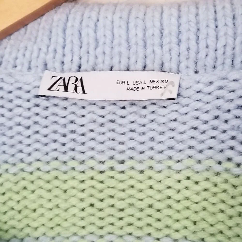 Zara Crochet 3D Floral Embroidered Striped Polo Collared Sweater L Blue Fairy - Picture 9 of 16